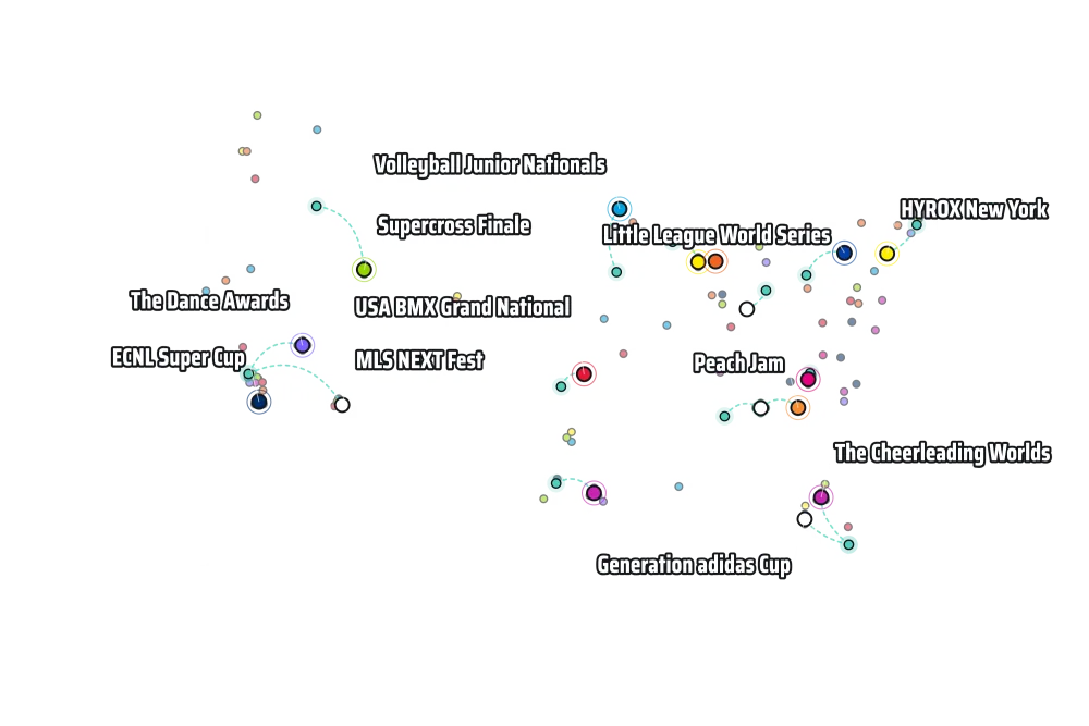 Map of the United States showing youth and amateur sports events nationwide, with photographers traveling to them